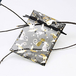 Cat Shape Прямоугольные сумки из органзы на шнурке, пакеты для хранения конфет горячего тиснения, подарочный пакет на Хэллоуин, чёрные, форма кошки, 18x13 см