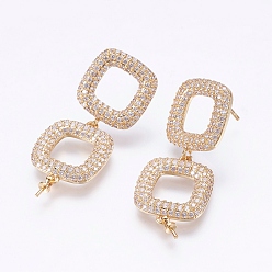 Настоящее золото 18K Латунные серьги-гвоздики из циркония, за половину пробурено бисера, квадратный, реальный 18 k позолоченный, 42.5x16x3 мм, штифты : 1 мм