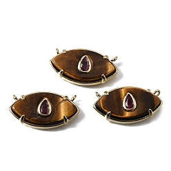 Тигровый глаз Природных тигровый глаз подвески, латунные подвески в виде глаз с инкрустацией из кубического циркония глубокого розового цвета., реальный 18 k позолоченный, без кадмия и без свинца, стойки покрытие, долговечный, 11~12x22~22.5x4.5~5 мм, отверстие : 1.2 мм