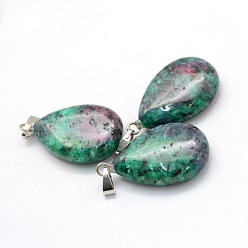 Ruby in Zoisite Teardrop Dyed Natural Ruby in Zoisite Pendants, with Platinum Tone Brass Findings, 25~29x16~17x5~6mm, Hole: 2x7mm