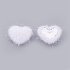 White Faux Mink Fur Covered Cabochons, with Alloy Bottom, Heart, Silver Color Plated, White, 14x17x6.5mm