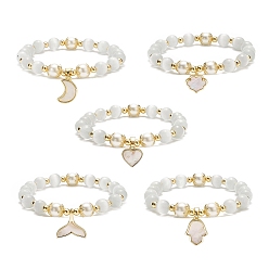 Seashell Color Cat Eye Round Beads Beaded Bracelets, Natural Freshwater Shell Charm Stretch Bracelets for Women, Mixed Shape, Seashell Color, Inner Diameter: 1-7/8 inch(4.8cm)