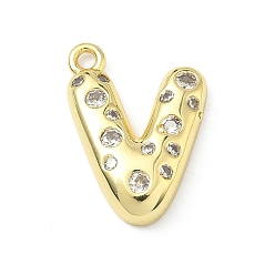 Letter V Латунные микропаве прозрачные подвески с фианитом, без кадмия и без свинца, долговечный, стойки покрытие, реальный 18 k позолоченный, Буква V, 21.5x15.5x4.5 мм, отверстие : 1.8 мм
