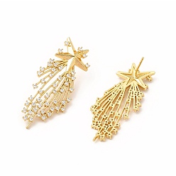 Real 18K Gold Plated Rack Plating Brass Micro Pave Cubic Zirconia Stud Earrings for Women, Long-Lasting Plated, Lead Free & Cadmium Free, Meteor, Real 18K Gold Plated, 42x17mm, Pin: 1mm