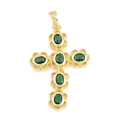 Зеленый Латунные микро проложить кубического циркония подвески, крест очарование, долговечный, стойки покрытие, без свинца и без кадмия, реальный 18 k позолоченный, зелёные, 32x21.5x2.5 мм, отверстие : 6x3.5 мм
