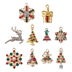 Couleur Mélangete 10 pcs 10 pendentifs en alliage de placage de rack de style, avec abs en plastique, perle d'imitation et strass, Décorations pour sapin de Noël, boîte cadeau, flocon de neige, cloche et cerf, couleur mixte, 17~26x10~19.5x2~5.5mm, Trou: 1.5~3mm, 1 pc / style