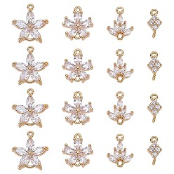 Mixed Shapes 16Pcs 4 Styles Brass Pave Clear Cubic Zirconia Connector Charms, Real 18K Gold Plated, Mixed Shapes, 12~15.3x5.6~14x3~4.8mm, Hole: 1~1.2mm, 4pcs/style