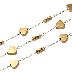 Настоящее золото 18K Ручная работа 304 цепочки в форме сердца из нержавеющей стали с немагнитными бусинами из гематита, пайки, с 316 цепями и катушкой из нержавеющей стали, ионное покрытие (ip), реальный 18 k позолоченный, бисер: 6x6x2 мм & 2.5 мм
