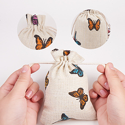 Wheat Polycotton(Polyester Cotton) Packing Pouches Drawstring Bags, with Printed Butterfly, Wheat, 14x10cm