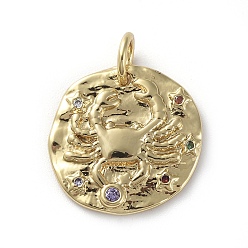 Рак Латунные микро проложить кубического циркония подвески, с прыжковых колец, плоско-круглые, созвездие, красочный, золотые, рак, 14~15x2 мм, отверстие : 3 мм