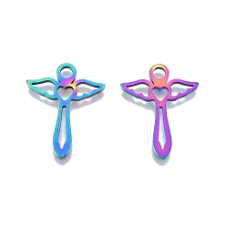 Rainbow Color Ion Plating(IP) 201 Stainless Steel Pendants, Angel, Rainbow Color, 29.5x23.5x1.5mm, Hole: 3.5mm