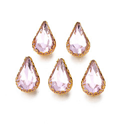 Pink Sew on Rhinestone, Transparent Glass Rhinestones, with Iron Prong Settings, Faceted, Teardrop, Pink, 13.5x8.5x5mm, Hole: 0.9mm