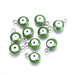 Green 304 Stainless Steel Enamel Charms, Flat Round with Evil Eye, Stainless Steel Color, Green, 8.5x6x4mm, Hole: 1mm