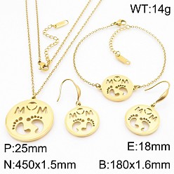 Золотой День матери 304 комплекты украшений из нержавеющей стали, Плоские круглые браслеты с выдолбленными звеньями, надписью «мама» и изображением ножек младенца, а также серьги-подвески и кулоны., золотые, 17.71"(45см) & 18мм & 7.08"(18см)