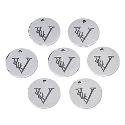 Letter V Anlaufgeschützt 304 Charms aus Edelstahl, Laserschnitt, gestalteter Buchstabe eingraviert, Flachrund, Edelstahl Farbe, letter.v, 14x1 mm, Bohrung: 1.2 mm