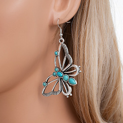 Темно-бирюзовый Серьги-подвески из сплава бабочек и синтетической бирюзы, античное серебро, темные бирюзовый, 74x42 мм
