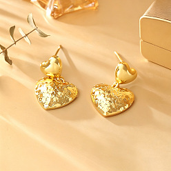 Golden Brass Stud Dangle Earrings for Women, Heart, Golden, 20x15mm