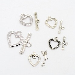 Antique Silver Tibetan Style Heart Toggle Clasps, Mixed Style, Antique Silver, Heart: 14~27x12~24x1~2mm, Hole: 2~4.5mm, Bar: 19~32x6.5~10.5x2.5mm, Hole: 1.8~5mm