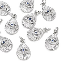 Platinum SHEGRACE Brass Cubic Zirconia Pendants, Teardrop with Eyes Charms, Cadmium Free & Lead Free & Nickel Free, Marine Blue, Platinum, 13x8.5x2.5mm, Hole: 2.5mm