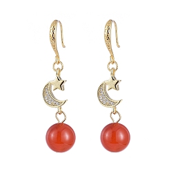 Carnelian Natural Carnelian Round Beads Dangle Earrings, with Brass Micro Pave Cubic Zirconia Links, Brass Earring Hooks and Jewelry Box, Moon, 45mm, Pin: 0.7x0.5mm