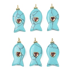 Turquesa Sintético Pendientes de material sintético de color turquesa, Dijes de pez con hallazgos de circonita cúbica micropavé de latón, larga duración plateado, dorado, sin plomo y cadmio, 27x12x6 mm, agujero: 2 mm
