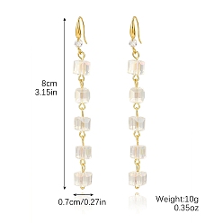 Cube Alloy and Glass Pendants Dangle Earrings, Golden, Clear, Cube, 80x8~13mm