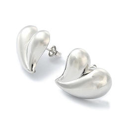 Platinum Rack Plating Brass Heart Stud Earrings for Valentine's Day, Lead Free & Cadmium Free, Platinum, 19x18.5mm