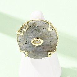 Labradorite Natural Labradorite Cuff Rings, Round, Brass Micro Pave Cubic Zirconia Cuff Open Rings, Faceted, Golden, US Size 8 1/2(18.5mm)