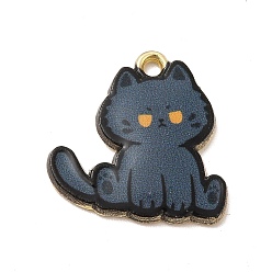 Slate Gray Printed Alloy Pendants, Cat Charm, Light Gold, Slate Gray, 20x20x2mm, Hole: 2mm