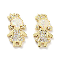 Белый Латунные микропаве прозрачные подвески с фианитом, без кадмия и без свинца, с синтетическим опалом и кольцами-прыгунами, реальный 18 k позолоченный, шармы в форме человека , белые, 18.5x11x2.5 мм, отверстие : 3 мм