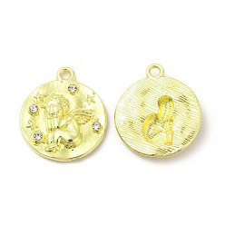 Light Gold Подвески из сплава со стразами, плоский круглый с ангельскими подвесками, без кадмия, без никеля и без свинца, золотой свет, 20.5x17.5x3 мм, отверстие : 1.6 мм