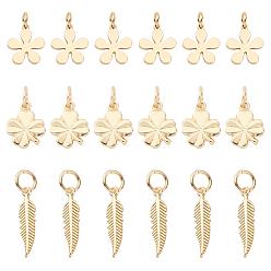 Real 18K Gold Plated 30Pcs 3 Style Brass Pendants, Clover & Flower & Leaf, Real 18K Gold Plated, 11x9x1mm, Hole: 3mm
