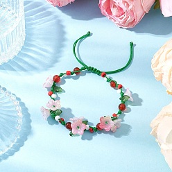 Красный Агат Цветочные натуральные натуральные сердолики плетеные браслеты для женщин, с акриловыми колпачками для бусин, внутренний диаметр: 2-1/8~3-1/4 дюйм (5.25~8.2 см)