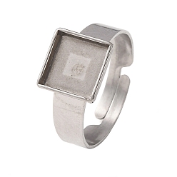 Stainless Steel Color Adjustable 304 Stainless Steel Finger Rings Components, Pad Ring Base Findings, Squara, Stainless Steel Color, 9mm,17mm, Tray Size: 8x8mm