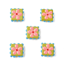 Dark Khaki 5Pcs Handmade Lampwork Enamel Beads, Bumpy Square with Flower, Dark Khaki, 17.5x17.5x7mm, Hole: 1~1.5mm