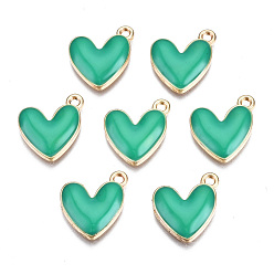 Verde Colgantes de aleación de zinc ecológicos, con esmalte, sin cadmio y níque y plomo, corazón, la luz de oro, verde, 16x15x3 mm, agujero: 1.6 mm