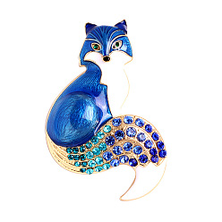 Королевский синий Эмалированная брошь из цинкового сплава со стразами, лиса, королевский синий, 35x52 мм