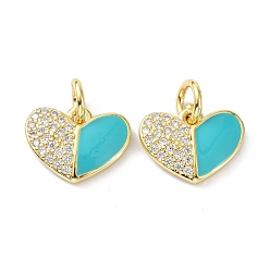 Бирюза Подвеска из экологически чистой латуни с микропаве из прозрачной эмали из кубического циркония, с прыжковых колец, долговечный, сердце, реальный 18 k позолоченный, бирюзовые, 10x12x2 мм, отверстие : 3.4 мм
