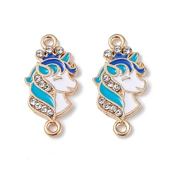 Deep Sky Blue Alloy Enamel Connector Charms, Unicorn Links with Crystal Rhinestone, Light Gold, Cadmium Free & Nickel Free & Lead Free, Deep Sky Blue, 23x11.5x2mm, Hole: 1.6mm