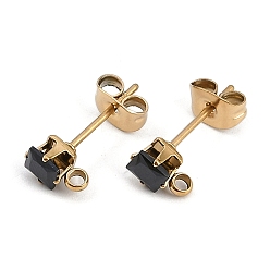 Черный Ионное покрытие (ip) 304 фурнитура для сережек-гвоздиков из нержавеющей стали с кубическим цирконием, квадратный, чёрные, 6x4.5 мм, отверстие : 1.5 мм, штифты : 0.8 мм