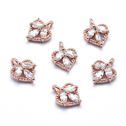 Real Rose Gold Plated Eco-Friendly Brass Charms, with Cubic Zirconia, Lead Free & Cadmium Free & Nickel Free, Heart, Clear, Real Rose Gold Plated, 10x8x3mm, Hole: 1.5mm
