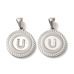 Letter U 304 подвески из нержавеющей стали, плоские круглые подвески-ракушки с буквой, цвет нержавеющей стали, Буква U, 20.5x17.5x1.5 мм, отверстие : 2.5x4.5 мм