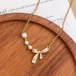Bowknot Подвеска из латуни с прозрачными кубическими циркониями 304 цепочка из нержавеющей стали для женщин, с пластиковыми жемчужные бусины, золотые, белые, бантом, 15.75 дюйм (40 см)