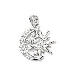 Платинированный Латунные микропаве прозрачные подвески с фианитом, амулеты луны и солнца, Реальная платина, 18x17x2 мм, отверстие : 4x3 мм