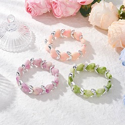 Mixed Color 3Pcs 3 Colors Acrylic & CCB Beaded Stretch Bracelets for Women, Heart, Mixed Color, Inner Diameter: 2-1/8 inch(5.5cm), 1pc/color