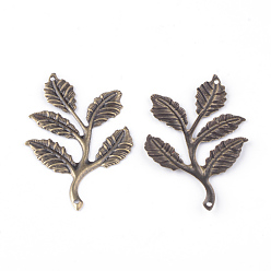 Antique Bronze Iron Links, Etched Metal Embellishments, Leafy Branch and Leaves, Antique Bronze, 50.5x31.5x1mm, Hole: 1mm