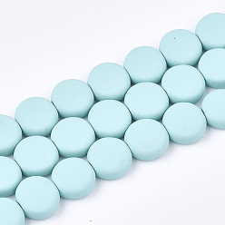 Aqua Spray Painted Non-magnetic Synthetic Hematite Beads Strands, Flat Round, Aqua, 8x3mm, Hole: 1mm, about 48pcs/strand, 15.7 inch