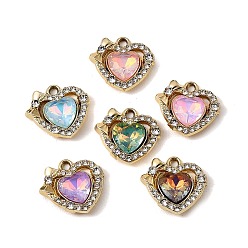 Golden UV Plating Alloy Glass Pendants, Heart with Bowknot Charm, with Rhinestone, Faceted, Mixed Color, Golden, 16x17x4mm, Hole: 1.8mm
