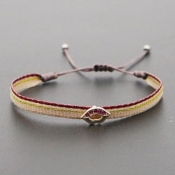 Beige Bracelets vintage bohèmes en cordon de coton tressé avec perles de lèvres en micro-pavé de zircone cubique rose vif en laiton, Bracelets ethniques ajustables faits main, or, beige