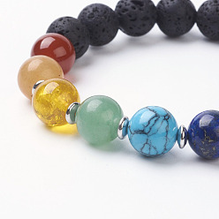 Mixed Stone Chakra Jewelry, Gemstone Stretch Bracelets, with Brass Beads, Round, 2 inch(52mm)